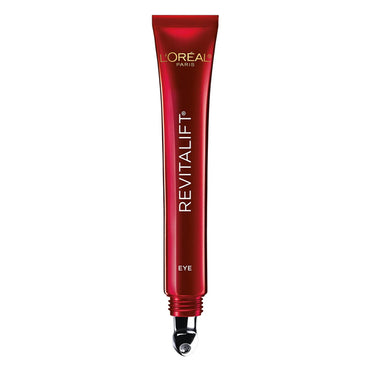 A pair of red tubes of LOreal Eye Revitalift Triple Power Anti-Aging Cream 0.5oz are shown against a white background, featuring hyaluronic acid and metal applicator tips.