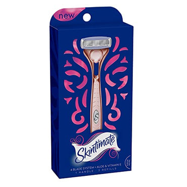 The Skintimate 2 Pack Razor features a rose gold handle, 4 blades with aloe & vitamin E for smooth skin, and comes in blue and pink packaging with 1 handle and 2 refills.
