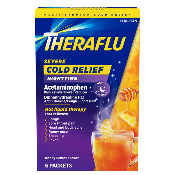 TheraFlu 2 Pack Nighttime Severe Cold Relief, Honey Lemon Flavor, 6 packets each, relieves severe cold and cough symptoms with acetaminophen and diphenhydramine.