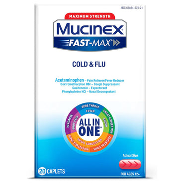 Get powerful all-in-one symptom relief with the 2 Pack - Mucinex Fast-Max Max Strength Cold and Flu Medicine (20 count each), for ages 12+, providing maximum strength cold & flu relief, including sore throat. Brand: Mucinex.
