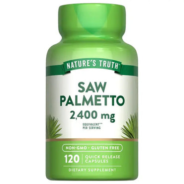 Two green bottles of Natures Truth Saw Palmetto Extract 2400mg, each with 120 quick release capsules; non-GMO and gluten free.