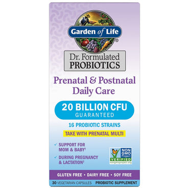 Front of a 2 Pack - Garden of Life Dr. Formulated Pre-Post Natal Daily Care Capsules 30ct box, featuring 20 billion CFU, 16 strains, and claims for prenatal care and immune support.