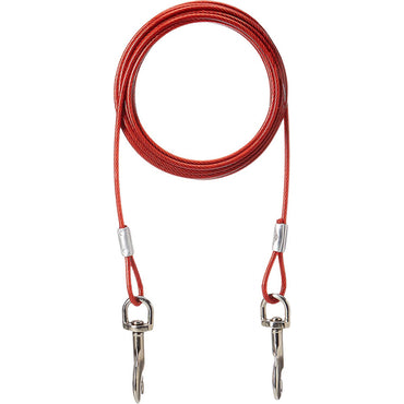 The Hartz 2 Pack 20ft Vinyl Coated Tie Out Cable for Dogs Up To 100lbs features weather-resistant cables with metal clips at both ends, ideal for safely securing pets outdoors.