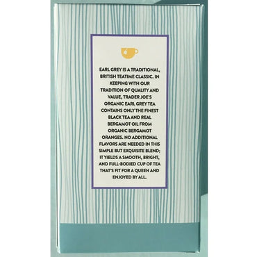 The image shows a 3 Pack of Trader Joes Organic Earl Grey Tea (20 bags each), featuring a traditional blend of black tea and organic bergamot oil, with no added flavors.