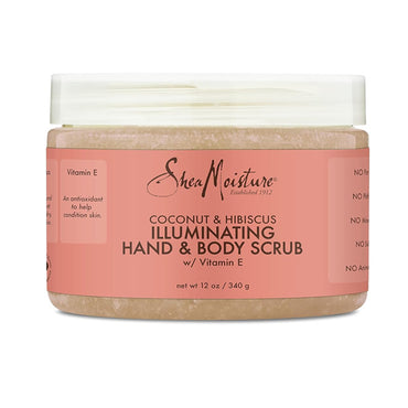 A 2-pack of Shea Moisture Body Scrub for Dull Skin, Coconut & Hibiscus, 12oz each, with product details on the label.