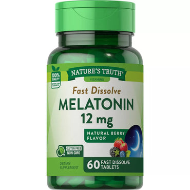 A 2 pack of Nature’s Truth Melatonin Fast Dissolve Tablets, Berry flavor, 60 tablets each—gluten free, non-GMO nighttime sleep aid.