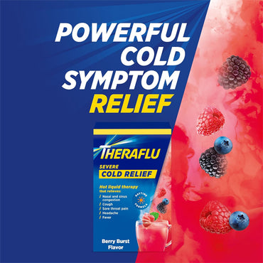 TheraFlu 2 Pack Powder for Daytime Severe Cold and Cough Berry Burst (6ct each) box with berry drink and assorted berries, featuring bold text: Powerful Cold and Cough Relief. Perfect for fast nasal congestion relief.