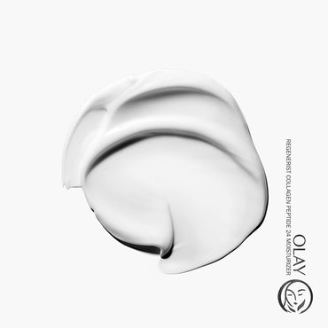 A smear of white cream on a white background is labeled as Olay 2 Pack - Regenerist Collagen Peptide 24 Face Moisturizer 0.5 oz, highlighting its hydrating benefits.