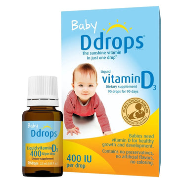 A 2-pack of D Drops Baby D Drops Organic Liquid Vitamin D3 (60 drops), 400 IU per drop, for newborns, with packaging that features a baby image and product details.