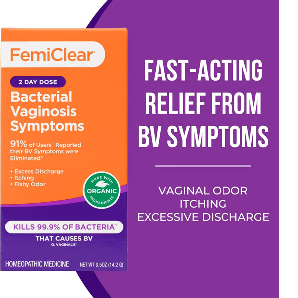 FemiClear 2 Pack - 2 Day Dose for Bacterial Vaginosis symptoms uses all-natural ingredients to quickly relieve vaginal odor, itching, and discharge; clinically shown to be 91% effective and kill 99.9% of bacteria.