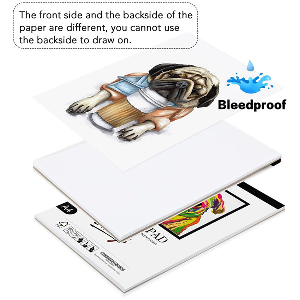 The Bianyo 2 Pack Bleedproof Marker Paper Pad A4 (50 sheets, 18 LB/70 GSM) is shown with a realistic dog illustration. Note: The backside isn’t suitable for drawing, making this pad ideal for alcohol markers.
