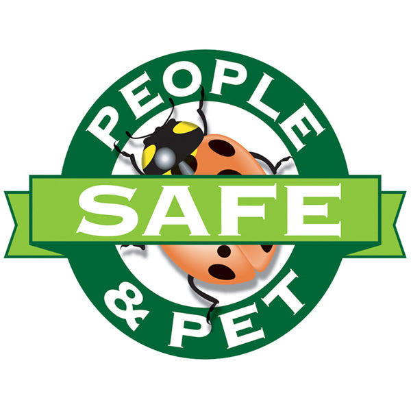 A circular green badge with a ladybug in the center and People & Pet SAFE displayed, highlights the sustainable ingredients of Dr. Earth Super Natural Lawn Food Ready to Spray Liquid Fertilizer 32oz 3-0-1 (2 Pack) by Dr. Earth.