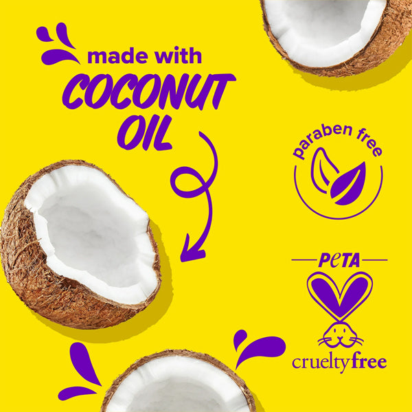 Yellow background with coconuts; purple text reads Made with coconut oil & jojoba oil. Icons show paraben-free and PETA cruelty-free. Aussie Miracle Curls Shampoo and Conditioner Dual Pack 26.2 oz by Aussie.