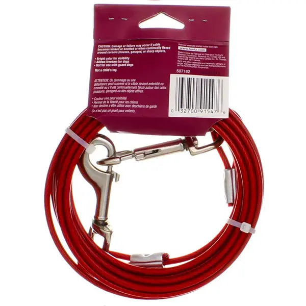 Hartz 2 Pack 20ft Vinyl Coated Tie Out Cable for Dogs up to 100lbs, red, weather resistant with metal clips at both ends, coiled and packaged with a purple Hartz label featuring a barcode and safety warnings.