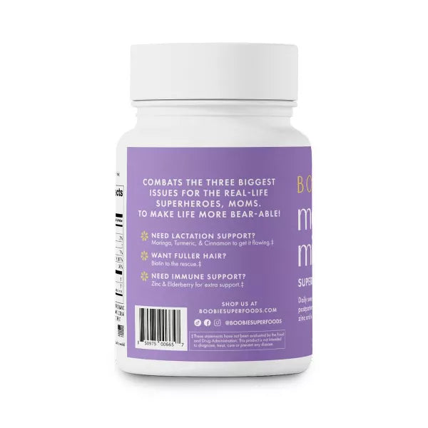 A white plastic bottle of Boobie Bears 2 Pack Vegan Lactation Supplement Gummies Elderberry 60ct features a purple label highlighting benefits for moms—lactation support, postpartum recovery, fuller hair, and immunity—with website info at the bottom.