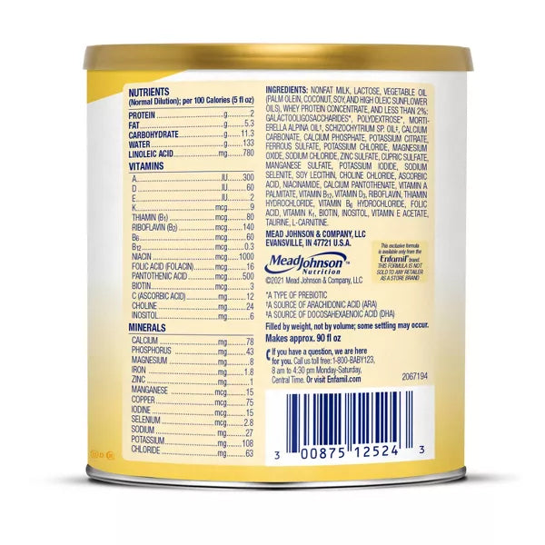 Back of a 2 Pack - Enfamil Milk-Based Powder Infant Formula 0-12 Months (12.5oz) can displays nutrition facts, ingredients, manufacturer details, and barcode on a white and yellow label, featuring brain-building DHA and immune support benefits.