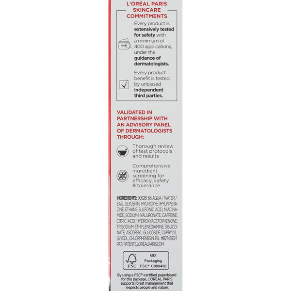 LOréal Revitalift Derm Intensives Brightening Eye Serum 2 Pack highlights safety, dermatologist testing, third-party validation, and a detailed ingredient list—featuring hydrating Hyaluronic Acid for brighter eyes.