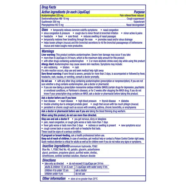 Drug facts label lists active ingredients, uses, warnings, directions, and storage for Vicks DayQuil Severe Cold & Flu Medicine LiquiCaps 24ct (2 Pack)—from Vicks—for multi-symptom cold and flu relief.