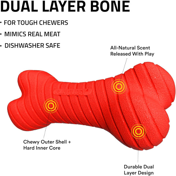 The Playology 2 Pack Dual Layer Engaging Medium Dog Toy features a red bone shape, textured surface, chewy outer shell, hard core, and natural beef scent for extra fun during play.
