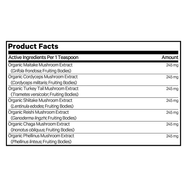 DNA Pet’s 2 Pack - Happy Immunity USDA Certified Organic Mushroom Complex for Dogs contains eight organic mushroom extracts (maitake, cordyceps, turkey tail, shiitake, reishi, lion’s mane, chaga, mesima) at 245mg each per teaspoon.