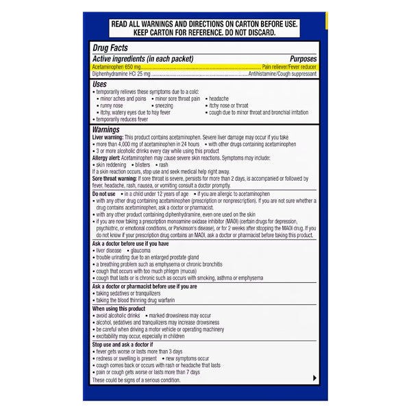 Drug Facts label for TheraFlu 2 Pack Nighttime Severe Cold Relief Honey Lemon Flavor Powder, 6 count each, showing active ingredients, uses, warnings, directions, and info on a white and yellow background.