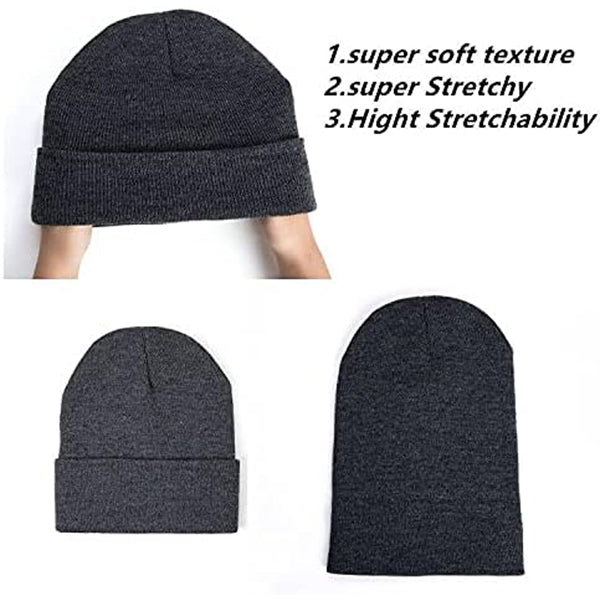 The SAFERIN 2 Pack Unisex Knit Cuffed Beanie is shown in dark gray from various angles. Features: 1. Super soft texture 2. Super Stretchy 3. High stretchability for an adjustable, comfortable fit.