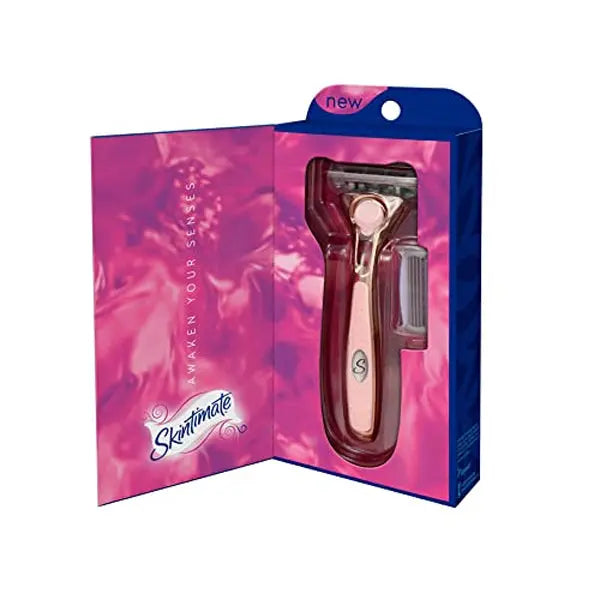 The Skintimate 2 Pack Razor features a pink handle and extra blade, with a 4 blades system enriched with aloe & vitamin E, shown in open packaging with pink and blue design.