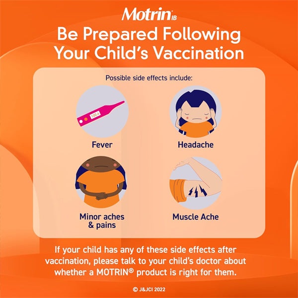 Infographic showing possible side effects after a child’s vaccination—fever, headache, minor aches or muscle ache—and recommending consulting a doctor and considering Motrin Infants Concentrated Liquid Drops with Ibuprofen if needed.