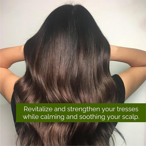 A person with long, wavy, dark brown hair faces away, holding their hair; text overlay promotes revitalizing and strengthening hair while soothing the scalp with Giovanni Natural Hemp Seed Oil Shampoo with Aloe Vera, 2 Pack (8.5oz).
