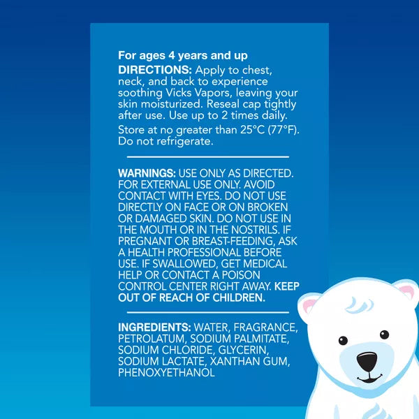 Vicks VapoStick Kids Soothing Vapors Balm 1.25oz (2 Pack) label for children 4+, with directions, warnings, and ingredients. Features a cartoon polar bear in the lower right corner.
