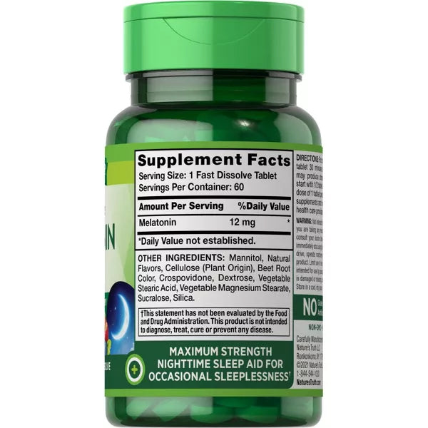 A green bottle of Natures Truth Melatonin Fast Dissolve Tablets, Berry, 2 Pack (60ct each), with supplement facts label showing 12 mg melatonin per tablet as a nighttime sleep aid and listing other ingredients.