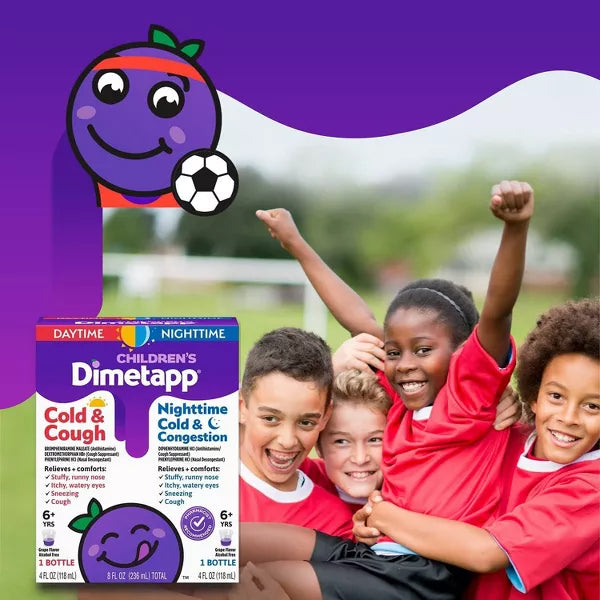 Four children in red soccer uniforms smile and celebrate on the field. Inset: Dimetapp 2 Pack - Childrens Day/Night Combo Cold Cough & Congestion Liquid 4oz, plus a cartoon fruit character holding a soccer ball.