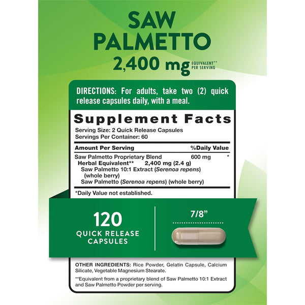 Label for Natures Truth Saw Palmetto Extract 2,400mg, 2 pack of 120 capsules each, highlights supplement facts, directions, capsule size, and bottle image.