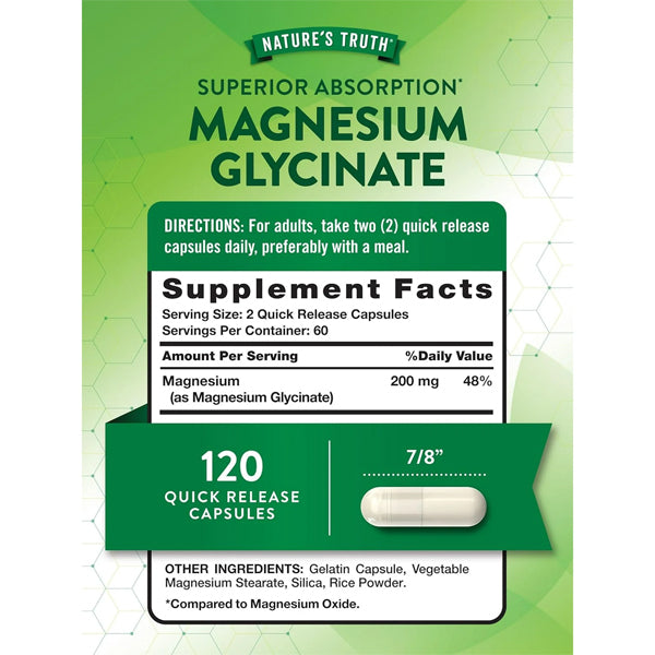 Label for Natures Truth Chelated Magnesium 200mg, high absorption, 120 quick release capsules per bottle (2 pack), featuring dosage info, ingredients, and supplement facts for this essential mineral.