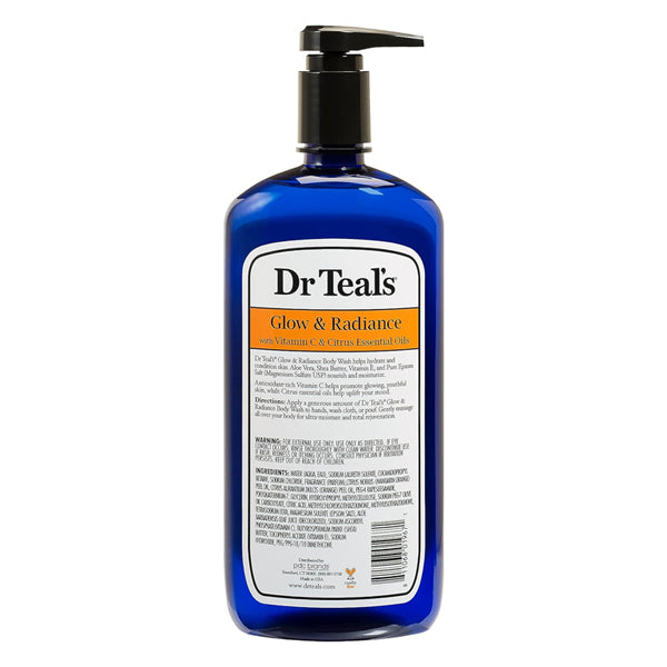 A 2 Pack of Dr. Teals Body Wash with Pure Epsom Salt Glow & Radiance, 24oz bottles, featuring product info and instructions on the back.