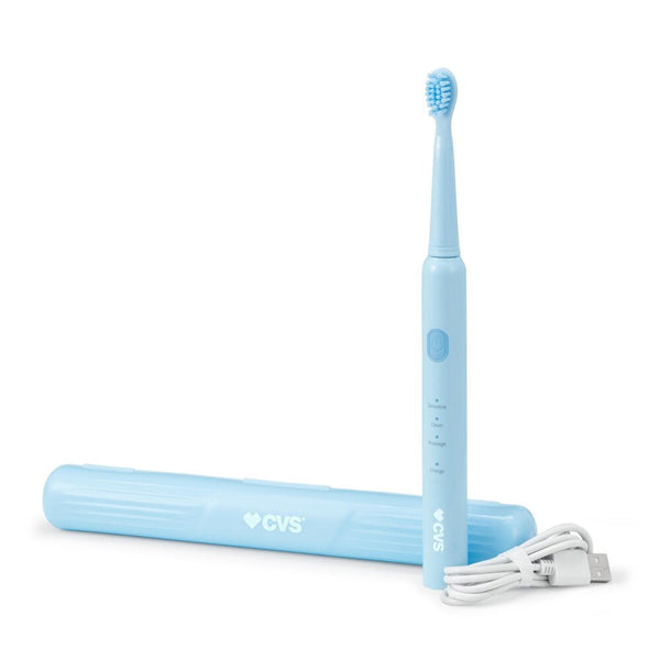 A 2 Pack of CVS Health WaveSonic Rechargeable Toothbrushes in Soft Blue by CVS, including matching travel cases and white USB charging cables.