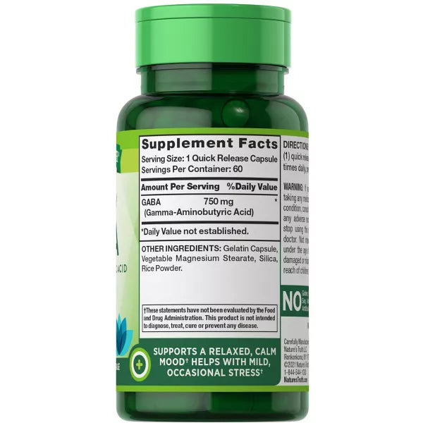 Natures Truth 2 Pack GABA Supplement for Mood + Stress, 750mg per capsule, 60 capsules. Label lists ingredients, directions, and claims to support a relaxed mood and mild stress relief.