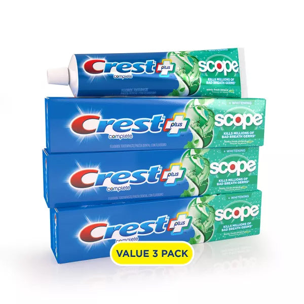 Two packs of Crest + Scope Complete Whitening Toothpaste Minty Fresh (5.4oz, 3 tubes per pack) help fight bad breath germs and whiten teeth for a fresher, brighter smile.