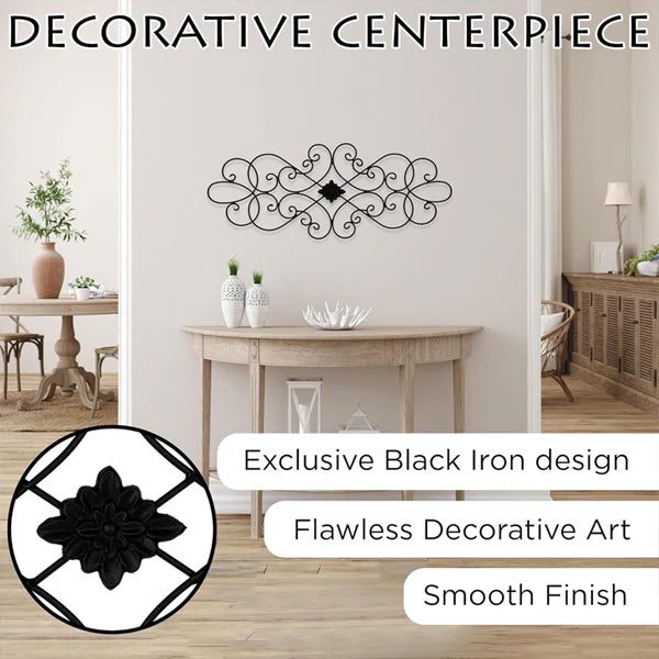 The Besti 2 Pack Wrought Iron Wall Art Decor, each medallion 32 x 12, is displayed above a wooden console in a neutral modern room, with inset showing detailed decorative scrollwork.