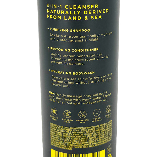 A bottle label for BYRD 3 Pack 3-in-1 Hair & Body Cleanser Coconut & Sea Salt 15oz, highlighting use as purifying shampoo, restoring conditioner, hydrating body wash; includes usage instructions and icons for sulfate, paraben & phthalate free.