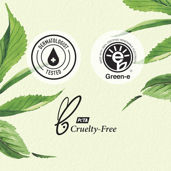 Image displays three badges—Dermatologist Tested, Green-e certified renewable electricity, and PETA Cruelty-Free—with green leaves, perfectly reflecting Herbal Essences 2 Pack Purifying Conditioner Tea Tree 29.2oz.