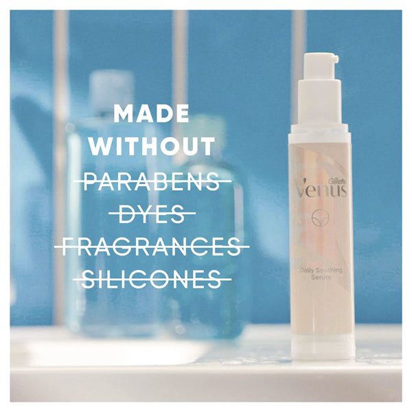 The image features a 2 Pack of Gillette Venus Intimate Grooming Daily Soothing Serum 1.7oz, emphasizing its moisturizing benefits and gentle formula free from parabens, dyes, fragrances, and silicones.