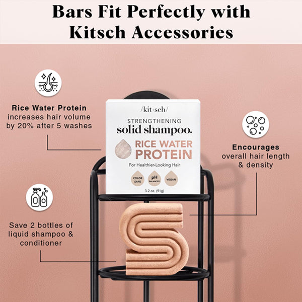 The Kitsch All Natural Rice Water Strengthening Shampoo Bar 2 Pack (3.2oz) and packaging sit on a shelf, with text highlighting benefits such as protein boost, shampoo savings, and hair growth support.