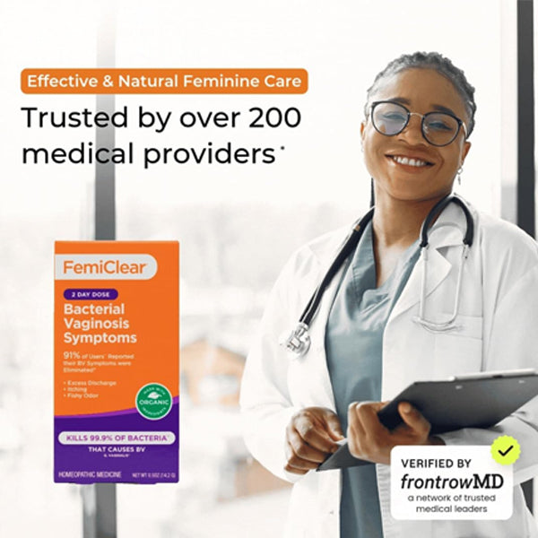 A smiling female doctor with a stethoscope stands by text promoting FemiClear 2 Pack – 2 Day Dose for Bacterial Vaginosis Symptoms, featuring all-natural ingredients, trusted by 200+ medical providers, and verified by frontrowMD.