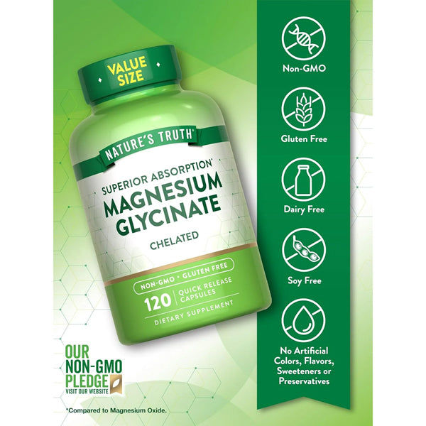 A 2 pack of Nature’s Truth Chelated Magnesium 200mg High Absorption, with 120 capsules per bottle; non-GMO, gluten free, dairy free, soy free, and contains no artificial additives.