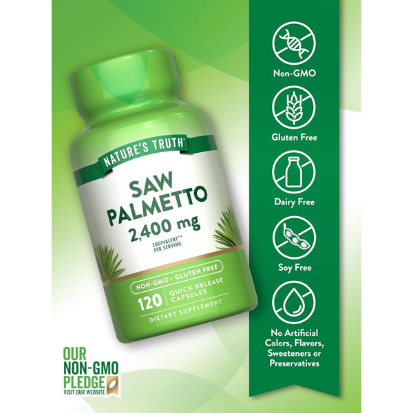 A 2 Pack of Natures Truth Saw Palmetto Extract 2400mg (120 capsules each) is shown with icons for non-GMO, gluten free, dairy free, soy free, and additive-free. This herbal supplement features quick release capsules.