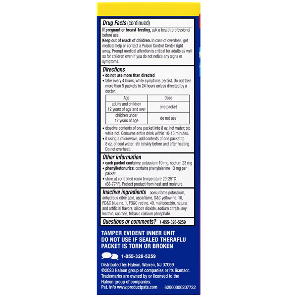 The image shows the back of a TheraFlu 2 Pack Nighttime Severe Cold Relief Honey Lemon Flavor Powder (6 count each) box, displaying drug facts, directions, warnings, inactive ingredients, and a tamper-evident notice.