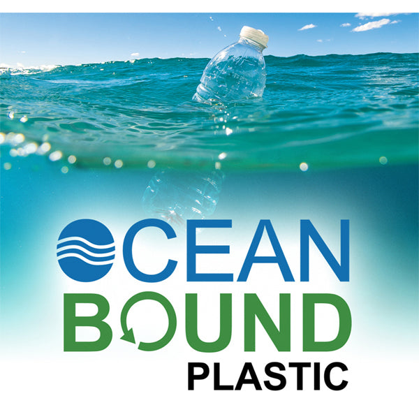 A Dr. Earth Super Natural Lawn Food bottle floats above Ocean Bound Plastic, paired with a water-inspired logo to emphasize sustainable ingredients. (Product: 2 Pack - Dr. Earth Super Natural Lawn Food Ready to Spray Liquid Fertilizer 32oz 3-0-1).