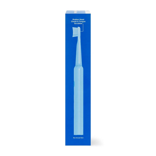 A 2 Pack of CVS Health WaveSonic Rechargeable Toothbrushes in soft blue stands upright on its packaging, each featuring a soft brush head with a built-in rubber cheek and tongue scrubber.