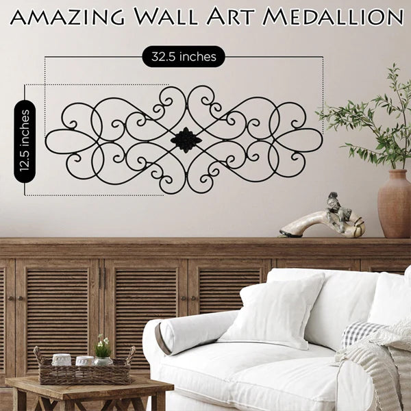 The Besti 2 Pack Wrought Iron Wall Art Decor Medallion (32 x 12) features a decorative scroll design, perfect for living rooms or bedrooms, as shown above a white couch and wooden console with stylish accents.
